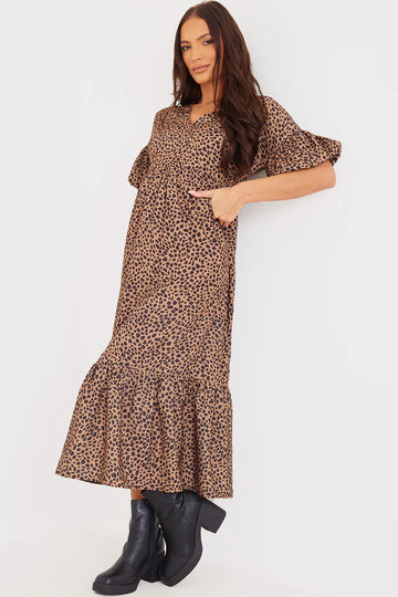 Animal Print V Neck Smock Maxi Dress